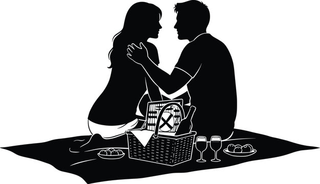 Silhouetted couple enjoying a romantic picnic together outdoors on a blanket
