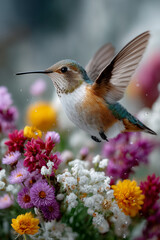 Fototapeta premium Kolibri im Flug zwischen bunten Blüten – Symbol für Leichtigkeit und Leben