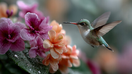Fototapeta premium Kolibri im Flug zwischen bunten Blüten – Symbol für Leichtigkeit und Leben