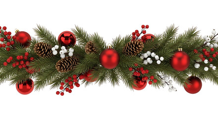 Christmas Garland with Pine Cones, Red Baubles, and Berries