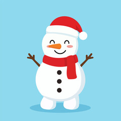 Happy Snowman Cartoon Character with Red Scarf for Christmas. Cute snowman wearing red scarf and Santa hat on blue background. Great for Christmas greetings, cards, and children’s winter illustrations