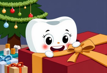 Naklejka premium Adorable Cartoon Tooth Character Peeking Joyfully from a Festive Gift Box Under Decorated Tree with Colorful Ornaments and Wrapped Presents
