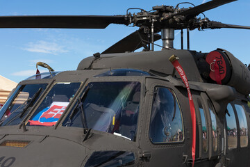 Detail of helicopter and chopper with flag and symbol of Slovakia. Slovak national military avation and aeronautics. 