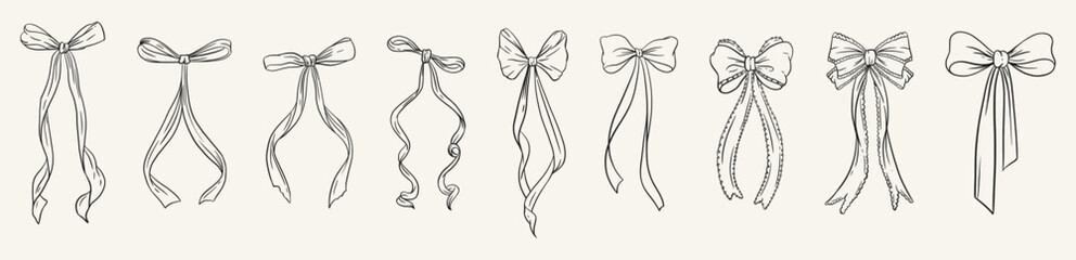 Coquette Bows and Ribbons. Long tail bow collection girly vintage outline clipart for packaging, cards, stickers and social templates