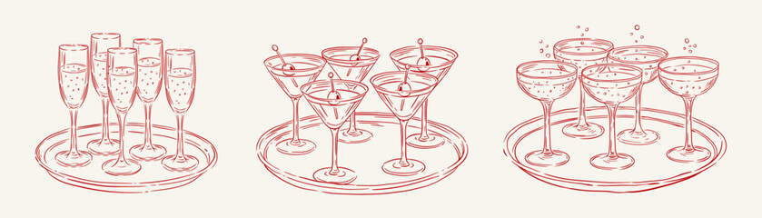 Naklejka na ściany i meble Coquette Party Drinks.Champagne flutes, martini and coupe glasses on trays. Elegant celebration line art for menus, invites. Naklejka na ściany i meble Coquette Party Drinks.Champagne flutes, martini and coupe glasses on trays. Elegant celebration line art for menus, invites.