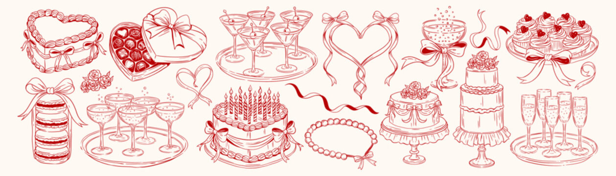 Coquette Dessert and Party Elements. Cakes, cupcakes, macarons, chocolate heart box, ribbons, hearts and champagne glasses. Romantic celebration line art set