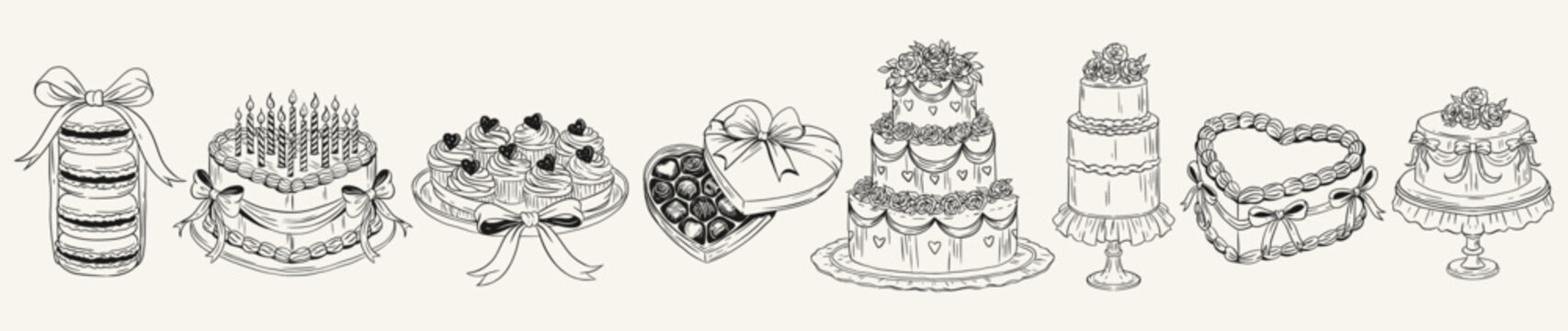 Coquette Patisserie. Cake, cupcakes and chocolate heart box with ribbons. Elegant bakery vintage line art for wedding and birthday designs