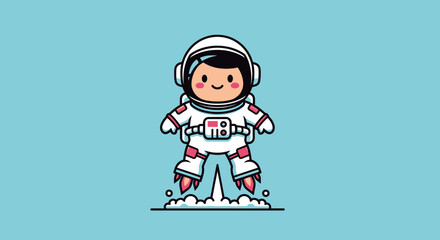 Cute cartoon astronaut with a jetpack blasting off into space with a blue background, perfect for children's themes and exploration