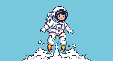 Cute cartoon astronaut launching into space with fiery jets, evoking wonder and adventure