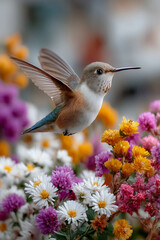 Fototapeta premium Kolibri im Flug zwischen bunten Blüten – Symbol für Leichtigkeit und Leben