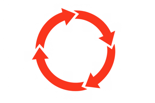 Red circular arrows forming a continuous loop, representing recycling, repeat process, cycle, and workflow