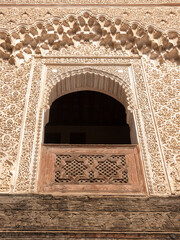 A beautiful window overlooking an interior courtyard in a mosque in the city of Fez, Morocco