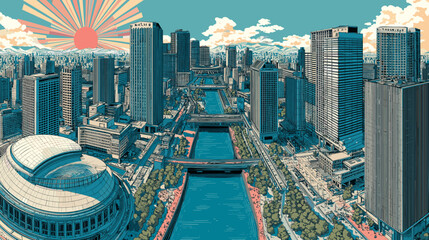 Cityscape of Osaka, city of Japan, attractive touristic advertisement poster, beautiful touristic must-see destination. Beautiful tourist destination in Asia. Big city with Yodo river.