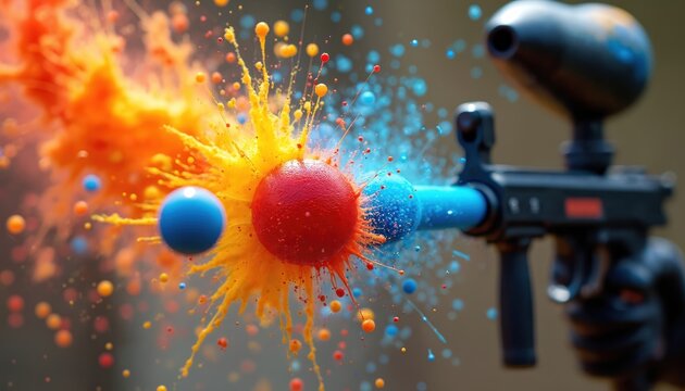 Paintball gun fires colorful balls in dynamic splatter. Red, blue, orange paint explodes on impact. Action sport, combat game, precision targeting, excitement, fun, leisure activity with protective