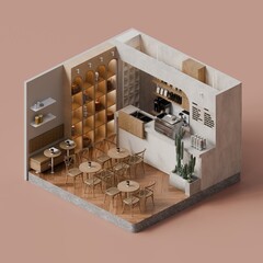 Isometric Minimal Coffee Shop Interior with Wooden Furniture and Warm Pastel Tones - 3D Render
