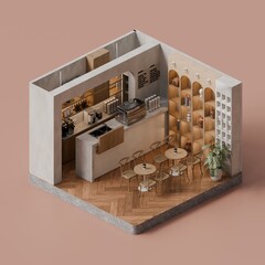 Isometric Minimal Coffee Shop Interior with Wooden Furniture and Warm Pastel Tones - 3D Render
