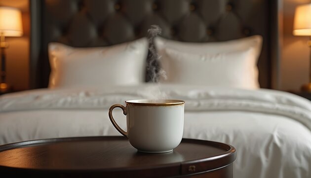 Steaming cup of coffee on bedside table near plush bedding in hotel room. Warm, inviting ambience for relaxation and unwinding. Upscale, modern decor offers comfort and luxury morning experience.