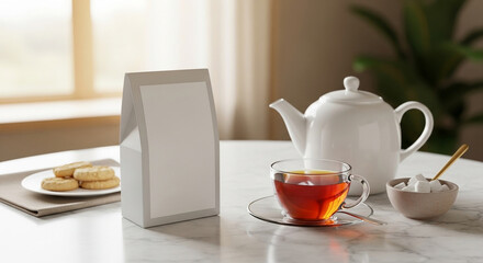 Cozy Tea Time A Cup of Warmth with Cookies and Sugar Cubes