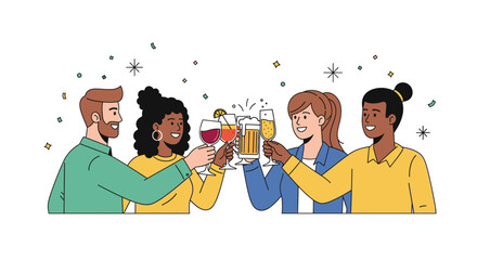 Illustration of friends celebrating with drinks cheers party friendship gathering celebration happiness