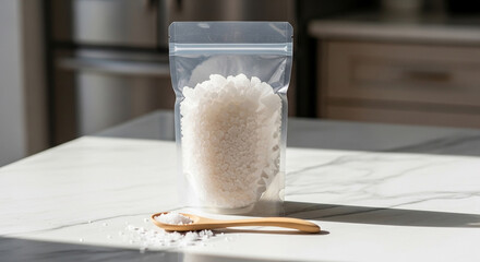 A clear resealable pouch filled with coarse natural sea salt crystals and a wooden spoon on a sunlit marble kitchen counter