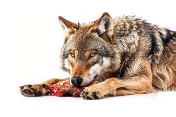 Fototapeta premium A wolf eating a piece of meat with intense gaze