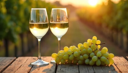 Obraz premium Two glasses of chardonnay wine sit on a rustic wooden table with fresh green grapes. Warm sunset light illuminates the vineyard setting, suggesting a luxurious tasting experience or celebration.