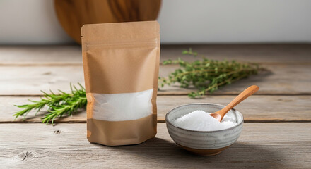 Natural Salt & Herb Packaging Design on Rustic Wood Surface