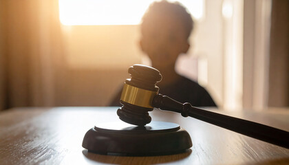 Judges gavel on wooden table, blurred silhouette of child. Custody and family law. Close-up.