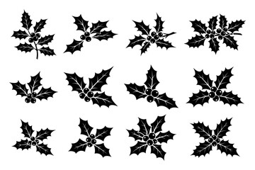 Christmas Holly berry leaves silhouette icon set Collection of traditional winter floral decoration elements Vector graphic illustration
