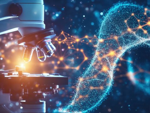 A microscope examines a glowing digital network structure on a dark blue background.