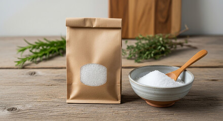 Close-up of salt, herbs, and ingredients on a rustic wooden surface for culinary and food preparation