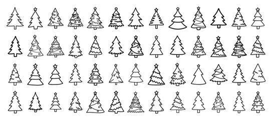 Christmas Tree Icons Set Hand Drawn Outline Minimal Doodle Vector Collection