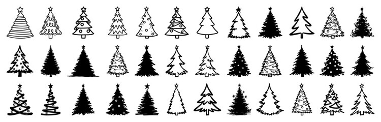 Christmas Tree Silhouettes And Outline Icons Mixed Styles Vector Set
