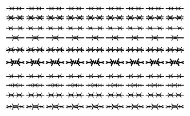 Fototapeta premium Large collection of barbed wire seamless borders Vector silhouette of fence elements for security and protection themes