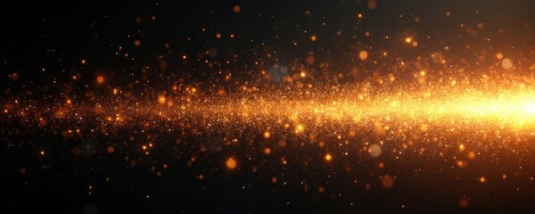 Fototapeta premium Golden sparkling particles cascade against black background, creating vibrant, festive atmosphere for celebrations, special events, parties, holidays. Twinkling lights suggest joy, excitement, magic.