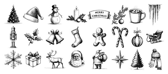 Hand drawn Christmas icons collection Vintage vector sketch illustration set of winter holiday symbols