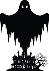 Spooky silhouette of a giant ghost looming over a haunted mansion at night