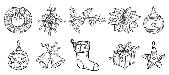 Hand drawn Christmas elements collection Doodle holiday icons including wreath mistletoe stocking and gift Vector sketch illustration