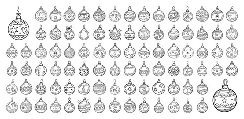 Big collection of hand drawn Christmas baubles Doodle sketch style holiday tree ornaments with various patterns Vector illustration