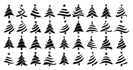 Big collection of stylized Christmas tree icons Vector set of abstract black holiday tree silhouettes