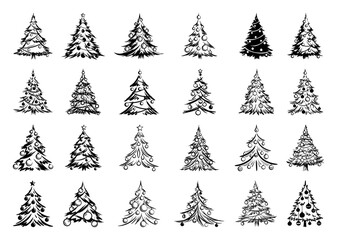 Obraz premium Decorative Christmas Tree Icons Set Ornate Swirl Bauble Doodle Outline Vector