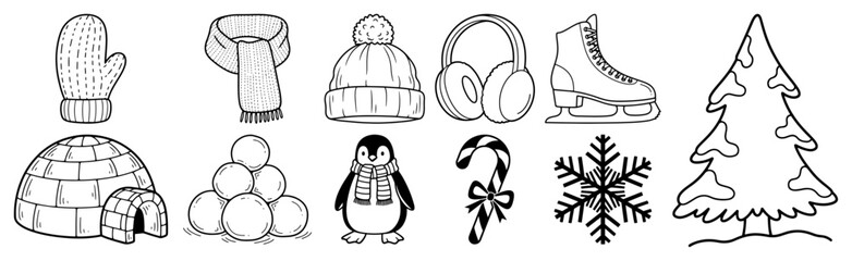 Fototapeta premium Hand drawn winter icons set Collection of cute doodle Christmas elements including clothes penguin and snowflake Vector line art illustration