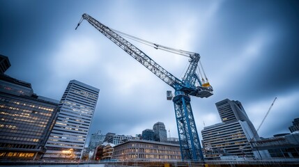 Fototapeta premium A large construction crane stands prominently against a skyline filled with modern buildings and a moody sky