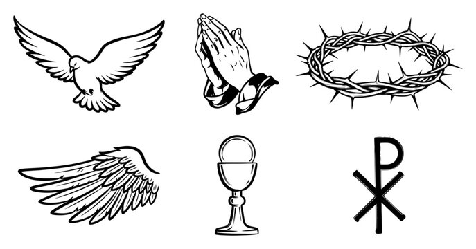 Christian religion symbols set Collection of hand drawn biblical icons including dove praying hands and crown of thorns Vector illustration