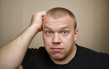 Fototapeta premium Surprised young adult male with hands raised and thoughtful expression under industrial lighting