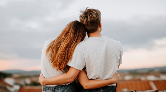A couple shares a tender rooftop moment, silhouetted against a stunning sunset skyline, radiating peace and connection