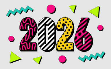 Vibrant 2026 new year design featuring bold geometric patterns and shapes perfect for festive backgrounds and graphic elements