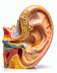 Anatomical Model of Human Ear Cross-Section Showing Inner, Middle, and Outer Ear Anatomy, isolated on white background