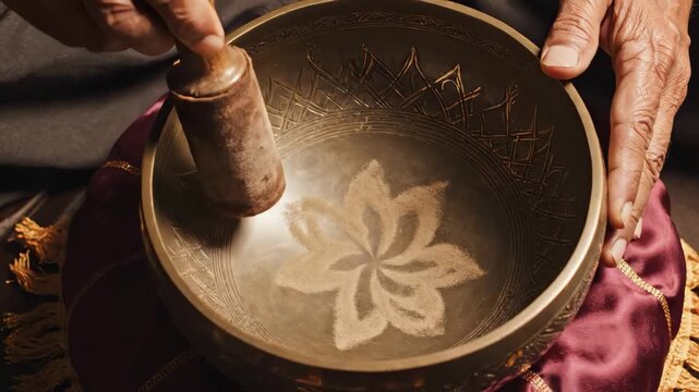 Tibetan Singing Bowl with Wooden Mallet Circling Rim on Cushion, Peaceful Meditation for Wellness Videos, Mindfulness Content, and Spiritual Practices