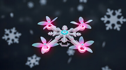 Toy snowflake drone with petal propellers, white body and turquoise inserts, pink LEDs, dark background with large flat snowflakes